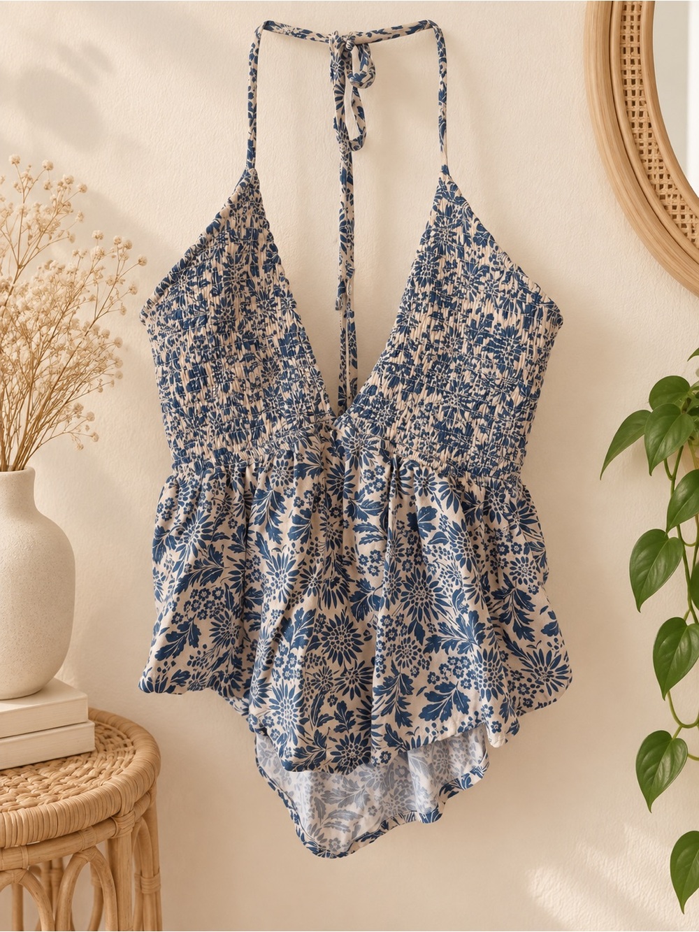 Windsor Blue & Cream Floral Smocked Halter– Size Medium